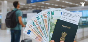 Decline in Indian Student Remittances represented with an Indian passport with foreign currencies, with an Indian student in the background