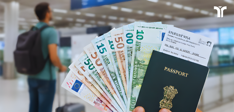 Decline in Indian Student Remittances represented with an Indian passport with foreign currencies, with an Indian student in the background