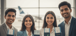 Four smiling Indian students holding passports and boarding passes in an airport terminal with an airplane visible in the background, signifying international travel and study abroad.