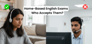 Student with headset taking a home-based English exam next to a rejected image of a student in a test center.